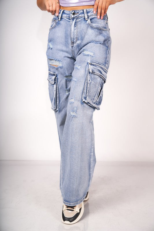 Blue Cargo Denim Pant Rasgado