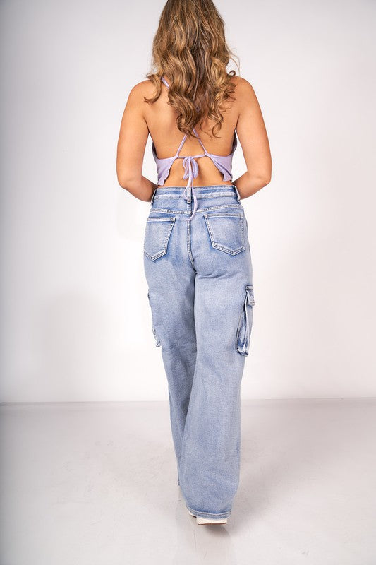 Blue Cargo Denim Pant Rasgado