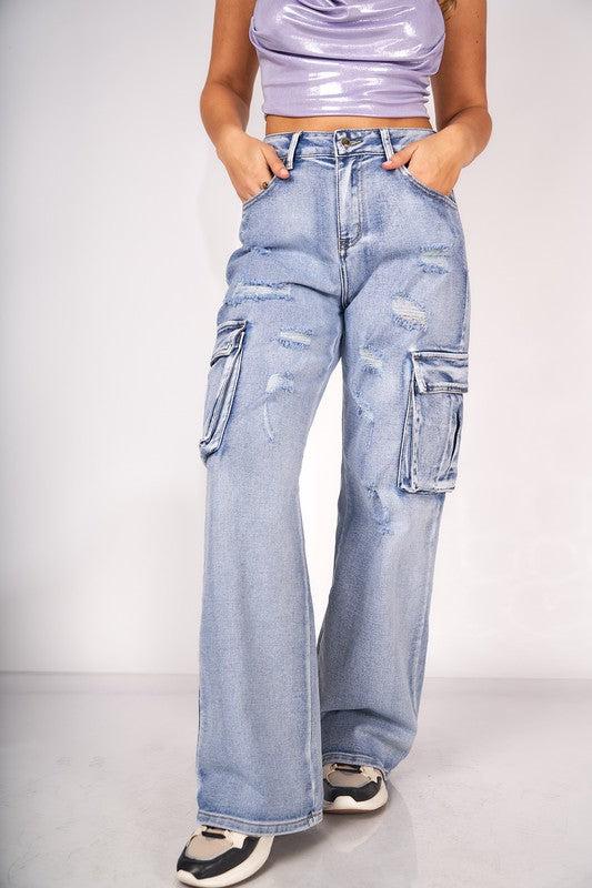 Blue Cargo Denim Pant Rasgado