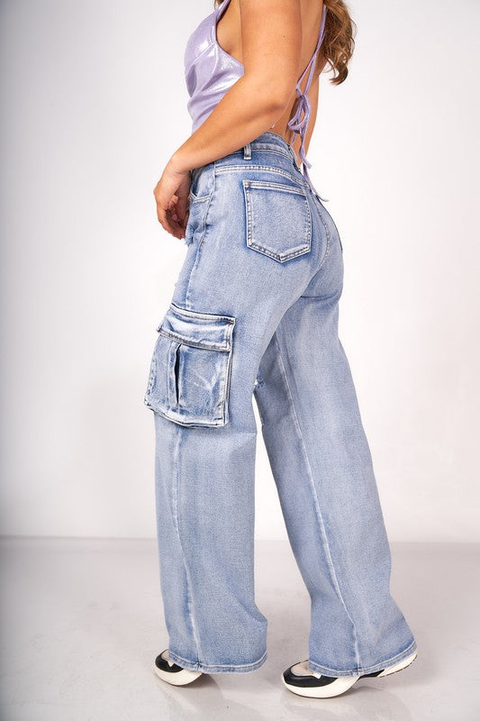 Blue Cargo Denim Pant Rasgado
