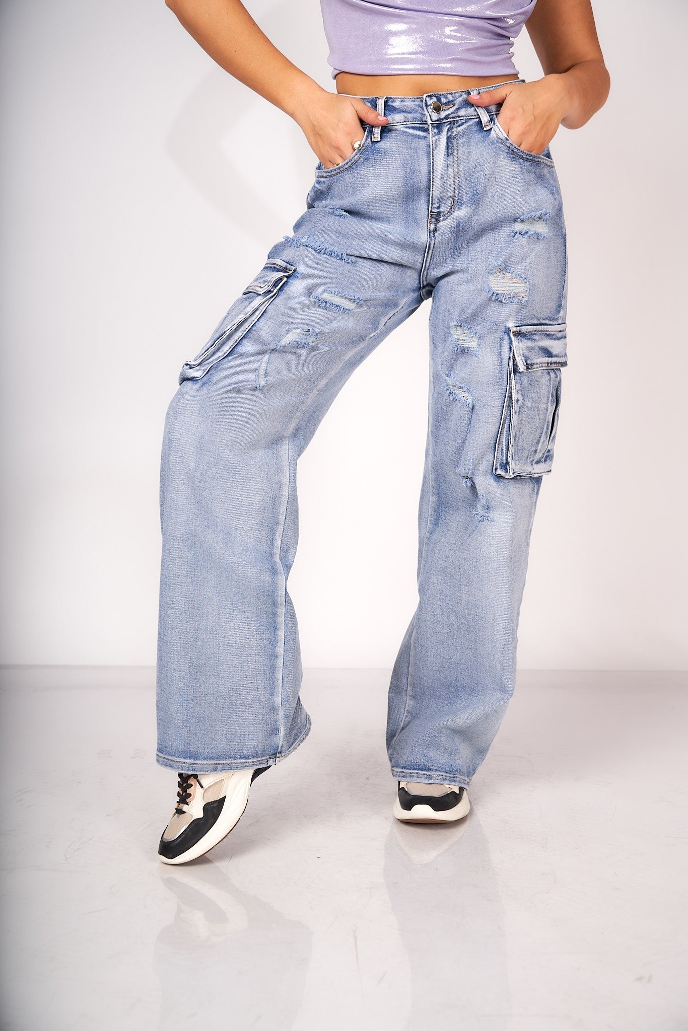 Blue Cargo Denim Pant Rasgado