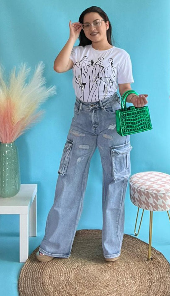 Blue Cargo Denim Pant Rasgado